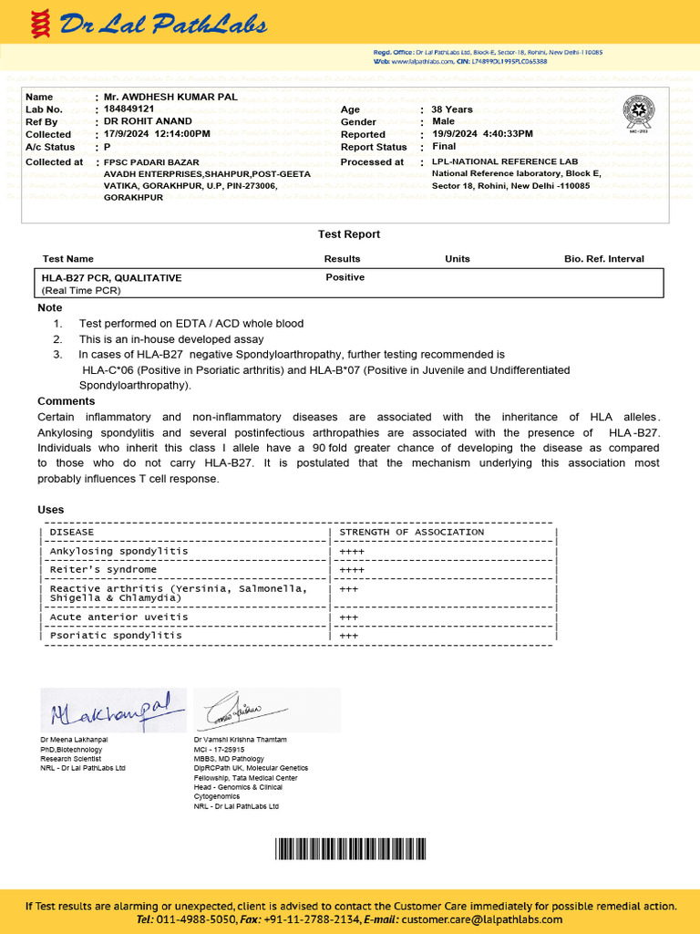 HLA-B27 Test Report for Arthritis | PDF | Medical Specialties ...