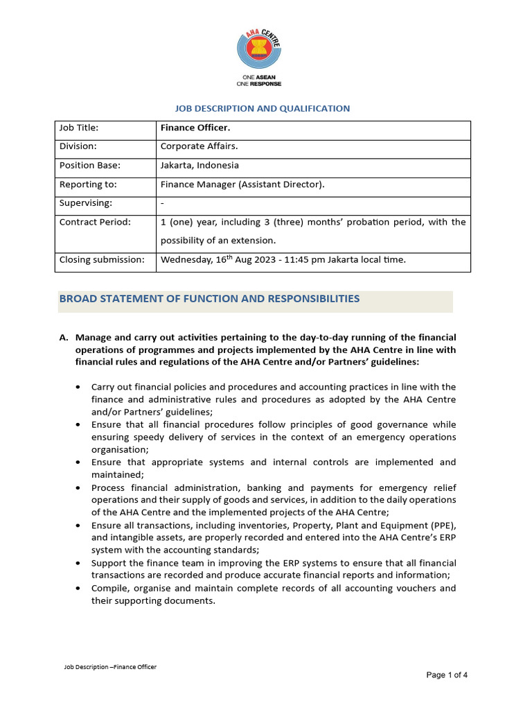 Finance Officer Job Description - AHA Centre | PDF | Accounting | Budget