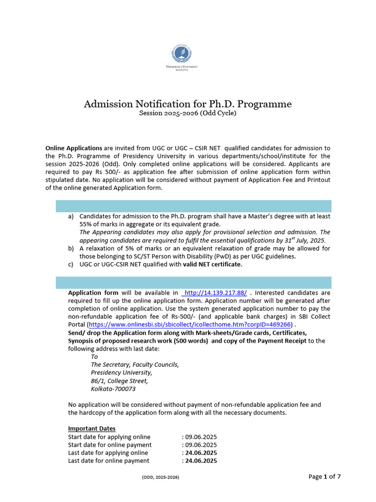 PU PhD Admission Notification 2025-2026 | PDF | Doctor Of Philosophy ...