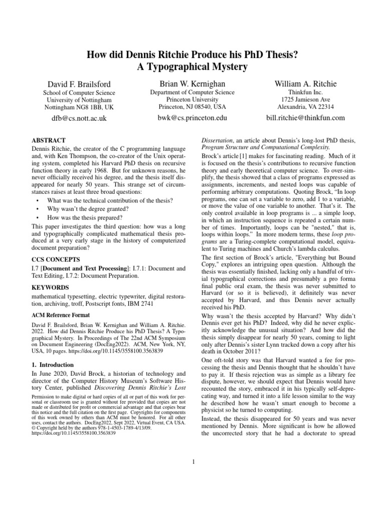How Did Dennis Ritchie Produce His PHD T | PDF | Typewriter | Printing