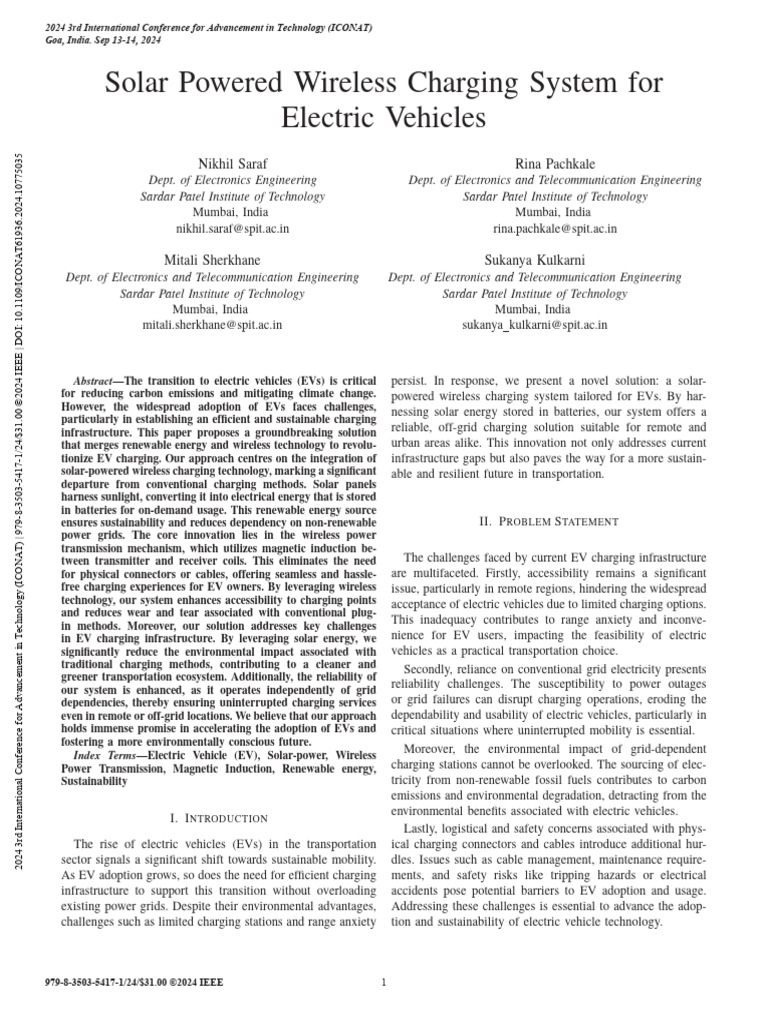 Solar Wireless Charging for Electric Vehicles | PDF | Inductor ...