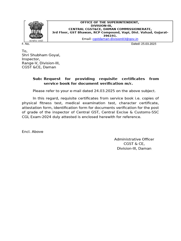 Sub: Request For Providing Requisite Certificates From Service Book For ...