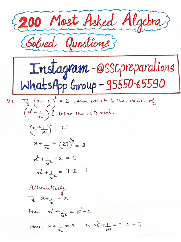 Algebra Solved Questions Handwritten Set-1 | PDF