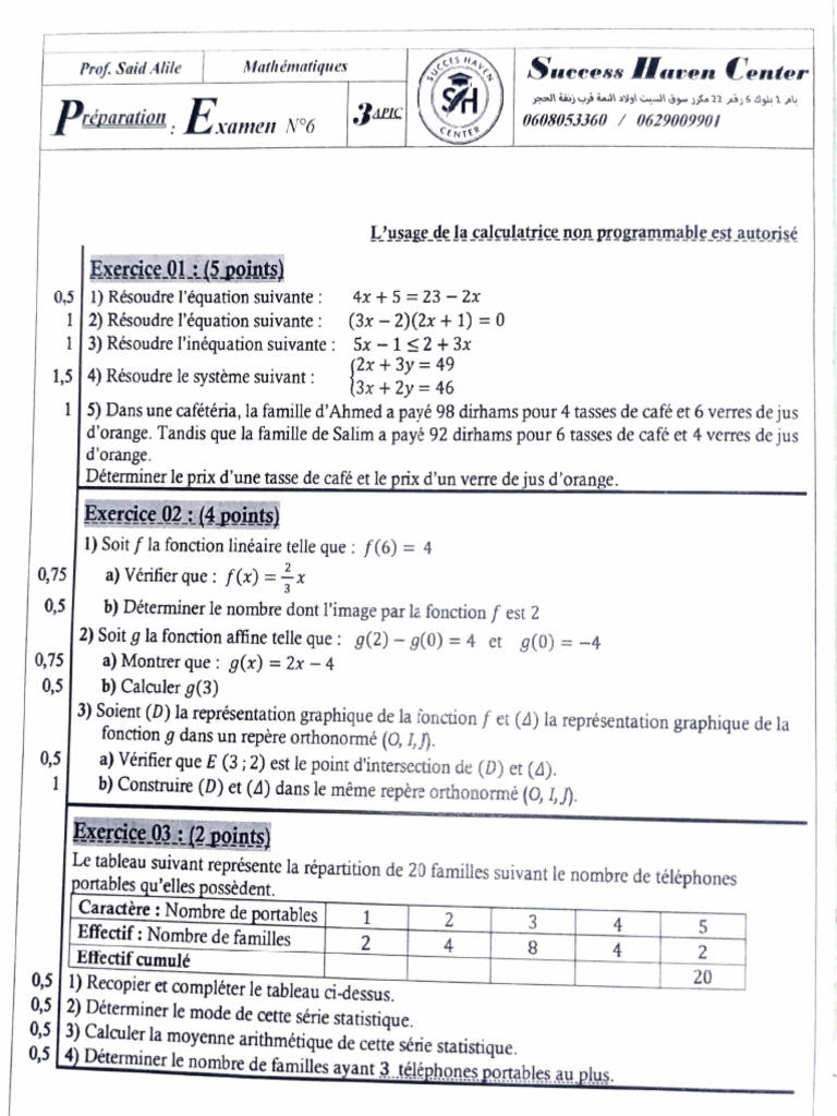 Examen de mathématiques : équations et statistiques | PDF | Algèbre ...