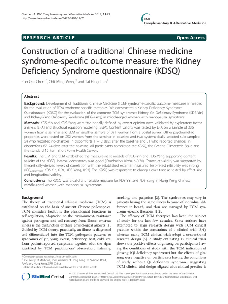 The Kidney Deficiency Syndrome Questionnaire KDSQ | PDF | Traditional ...