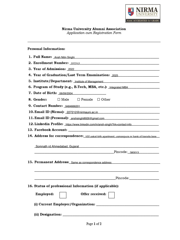 Nirma University Alumni Registration Form | PDF