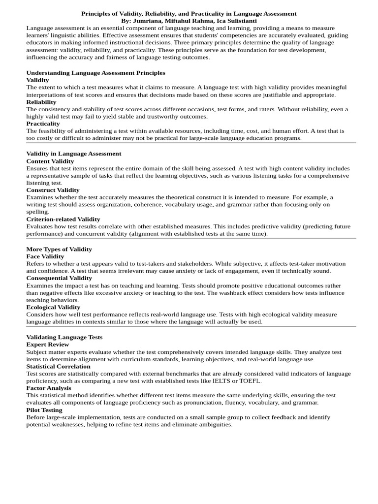 Validity, Reliability, and Practicality in Language Assessment | PDF ...