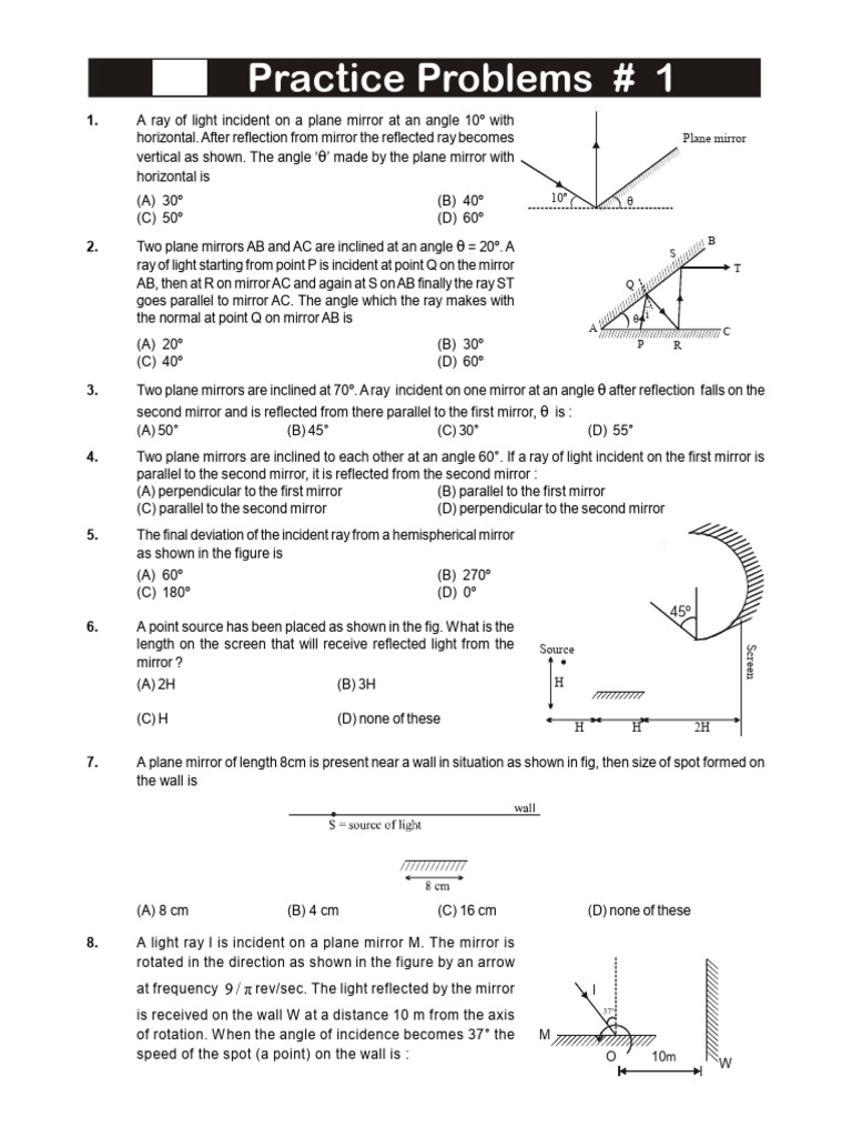 Light Reflection Practice Problems | PDF | Mirror | Reflection (Physics)