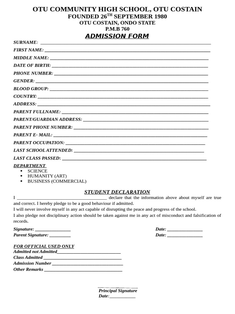Otu Community High School Admission Form | PDF