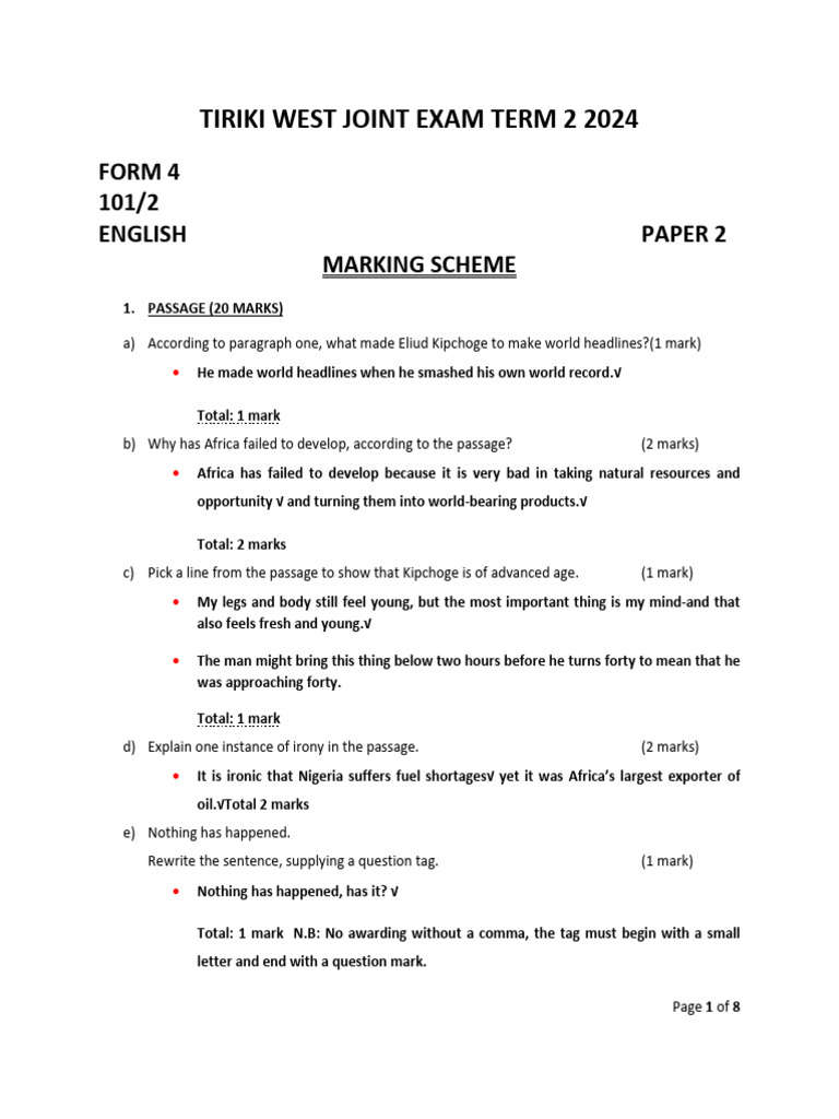 English Marking Scheme Term 2 2024 | PDF | Linguistics | Grammar