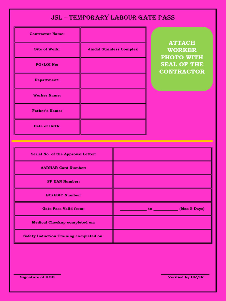 Temporary Labour Gate Pass Form | PDF