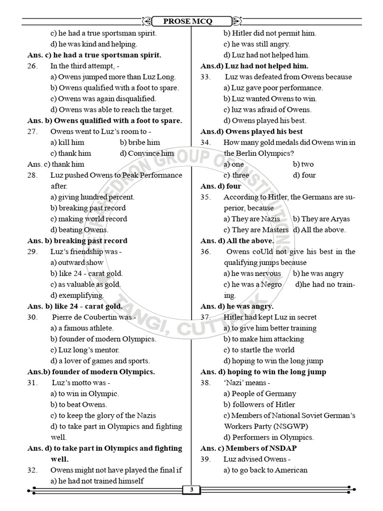 Prose MCQs on Owens and Churchill | PDF