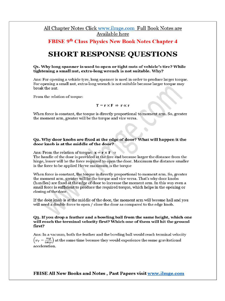 Federal Board 9th Class Physics Short Question Chapter 4 | PDF