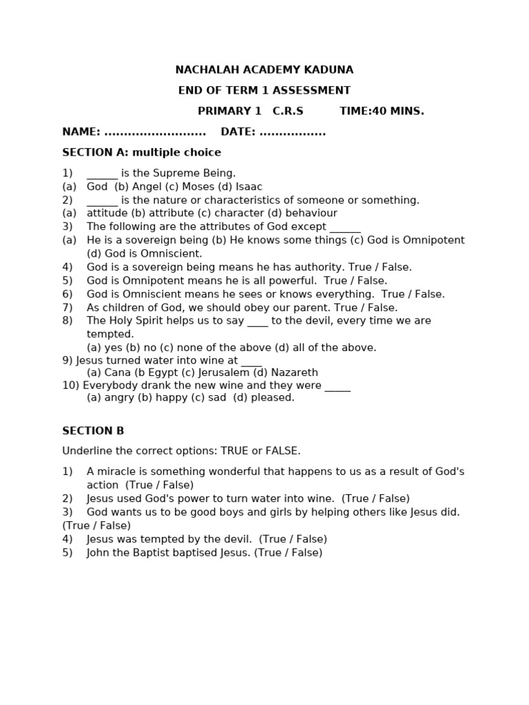 Primary 1 C.R.S Exam Questions | PDF