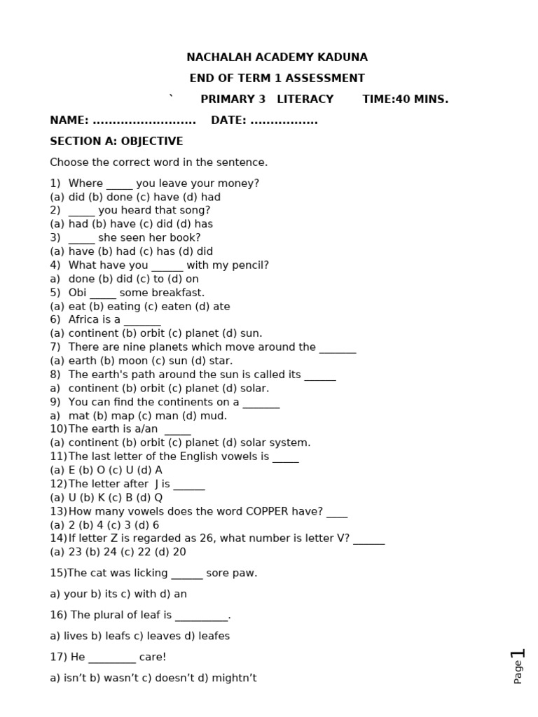 Primary 3 English First Term Exam | PDF | Planets | Earth