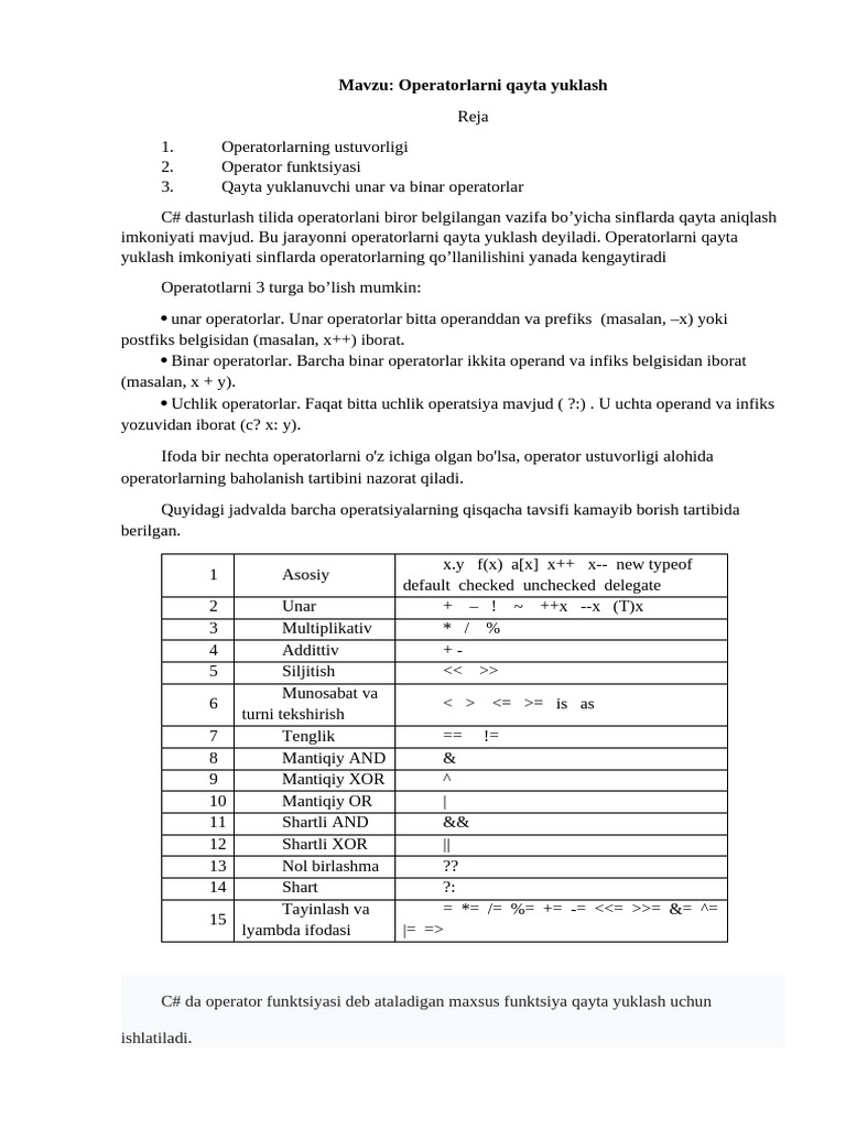 Operatorlarni Qayta Yuklash Maruza | PDF
