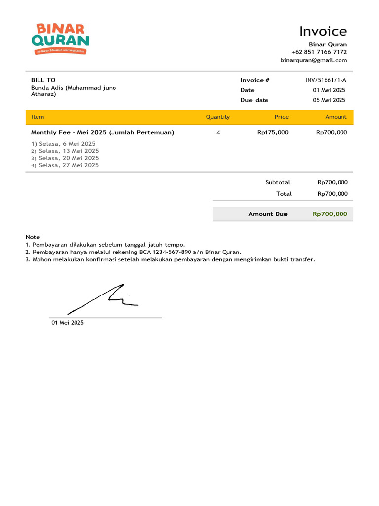 Invoice Binar Quran Mei 2025 | PDF