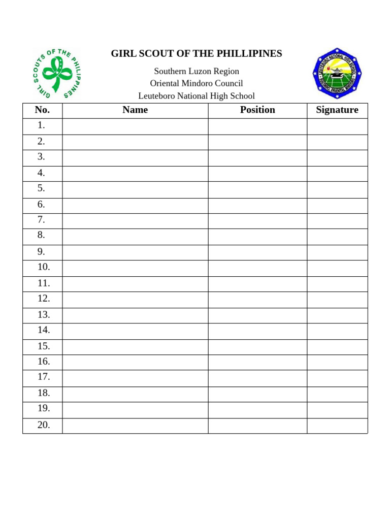 Girl Scout Attendance Sheet Template | PDF