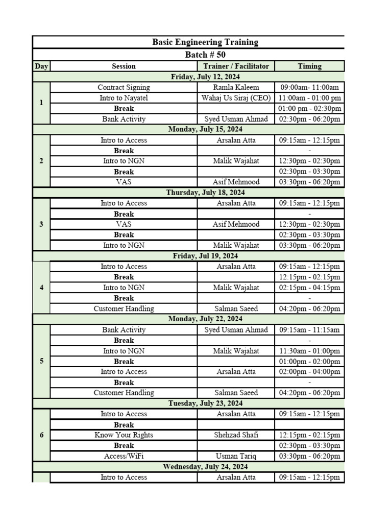Nayatel Training Schedule Overview | PDF