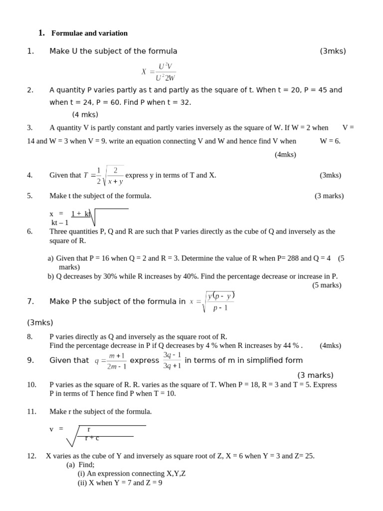 Formulae and Variation Q | PDF | Mathematics | Elementary Mathematics