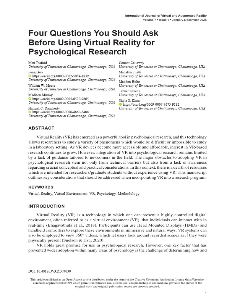 VR Considerations for Psychological Research | PDF | Virtual Reality ...