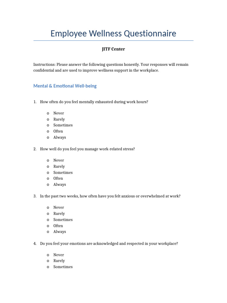 JITF Employee Wellness Questionnaire | PDF | Occupational Stress | Emotions