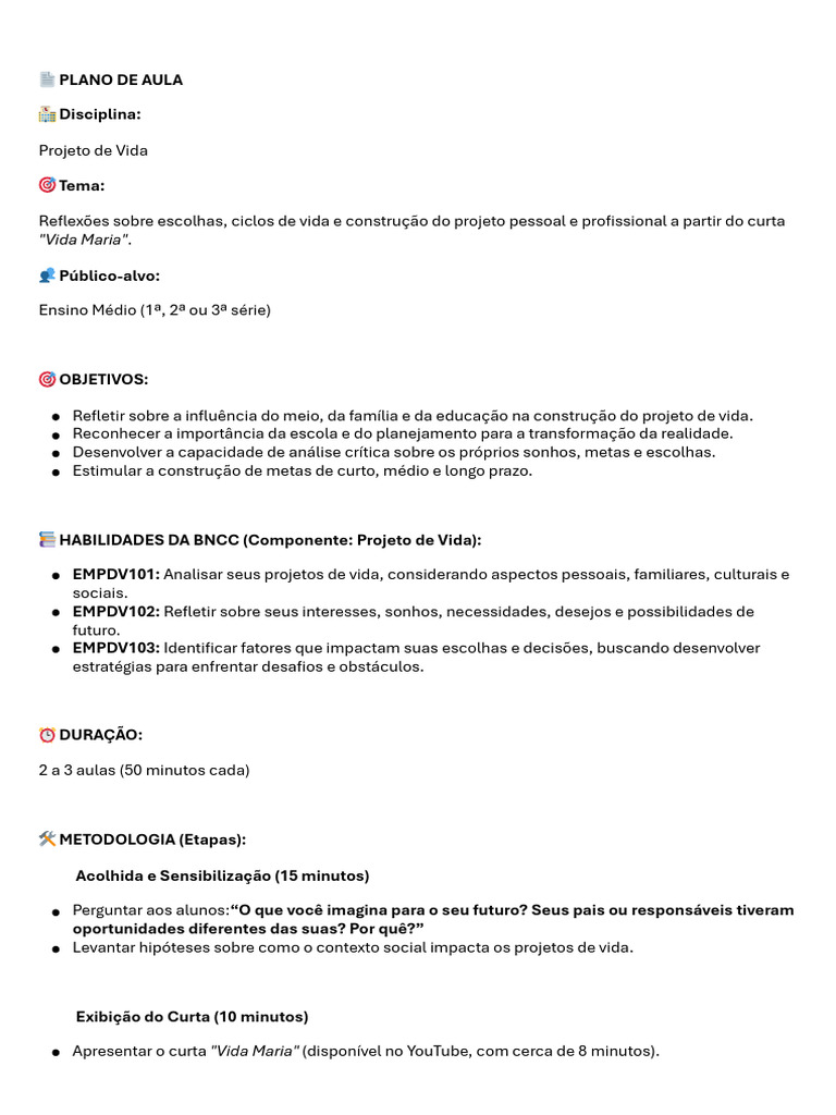 Reflexões sobre Projeto de Vida no Ensino Médio | PDF | Vida