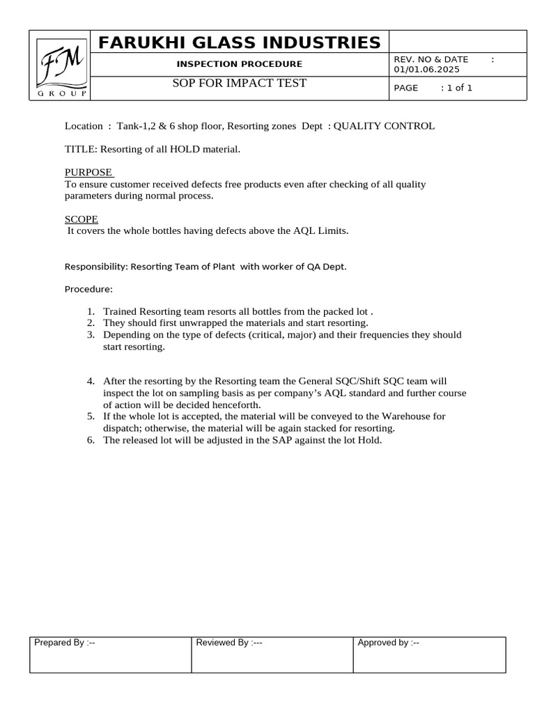 SOP for Defective Bottle Resorting | PDF