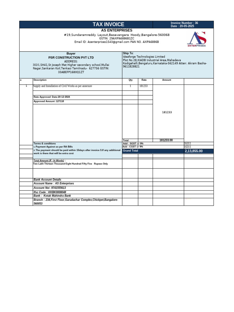 Tax Invoice for Civil Works Services | PDF | Invoice | Payments