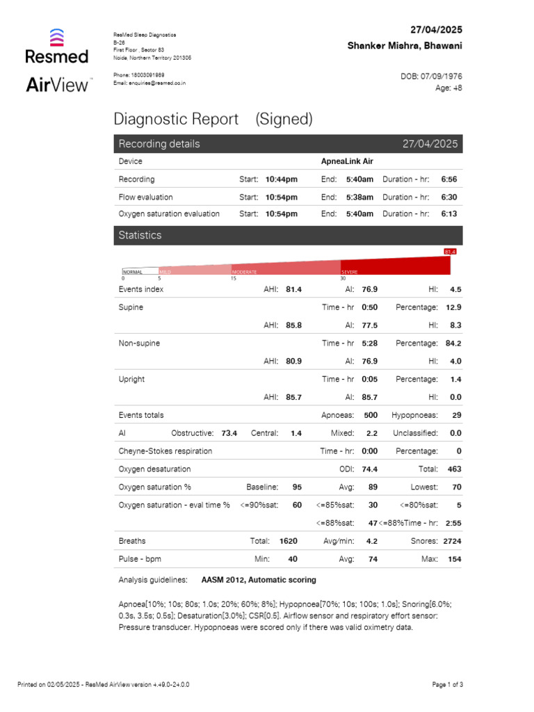 Severe Sleep Apnea Diagnostic Report | PDF | Pulmonology | Episodic And ...