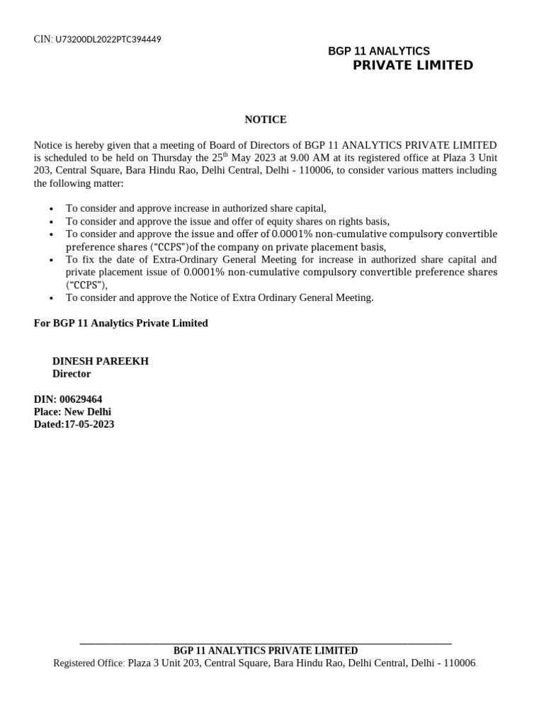 BGP 11 Analytics EGM Notice 2023 | PDF | Preferred Stock | Investing