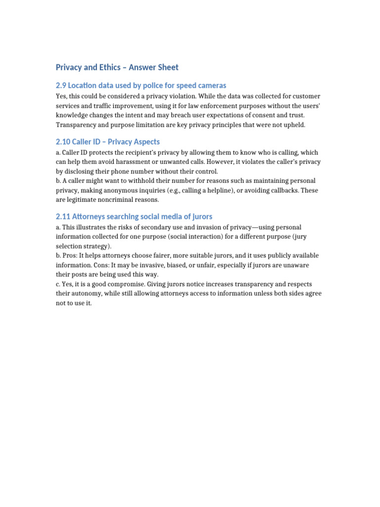Privacy and Ethics Answers | PDF