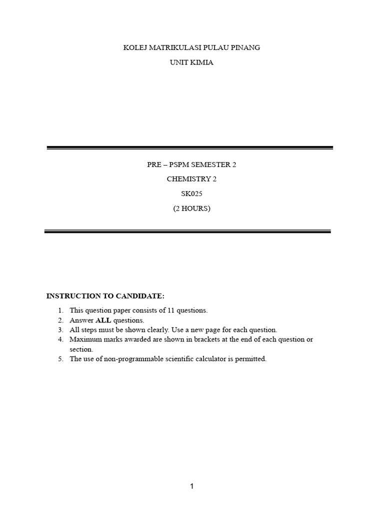 Chemistry 2 Exam Paper KMPP SK025 | PDF | Hydroxide | Chemical Reactions