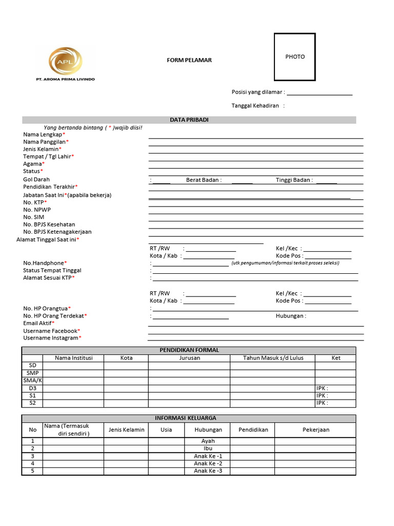 Formulir Pendaftaran Pelamar Kerja | PDF