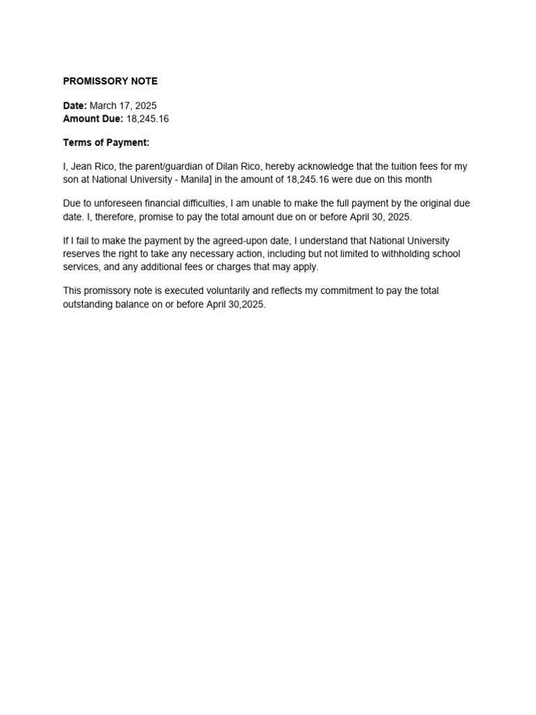 Tuition Fee Promissory Note Sample | PDF