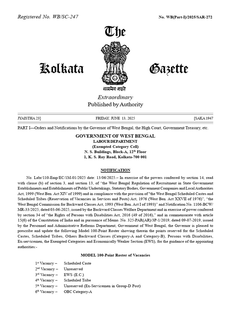 100-Point Roster for West Bengal 2025 | PDF | Government Of India ...