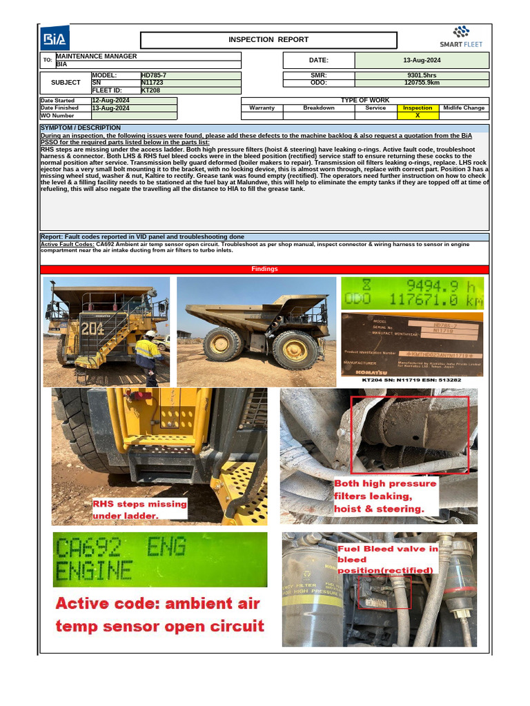 KT208 HD785-7 SN N11723 Inspection Report 13 Aug | PDF | Manufactured Goods