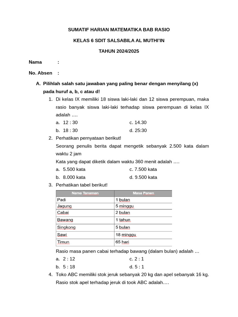 Soal Matematika Rasio Kelas 6 | PDF