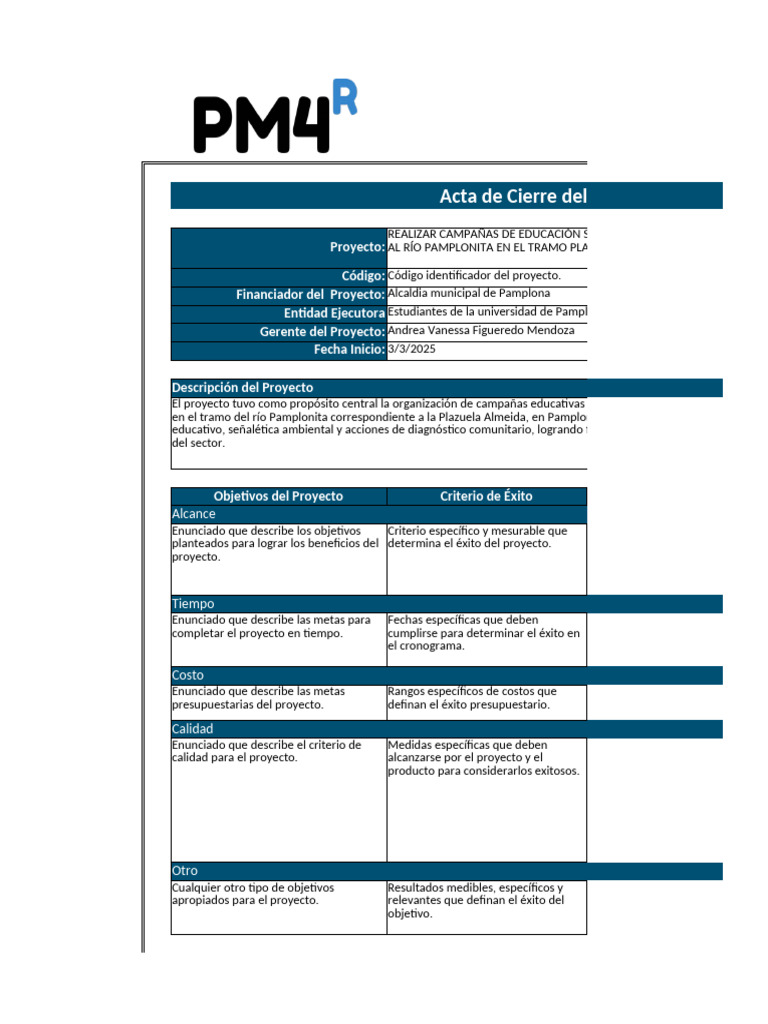 Copia de Acta de Cierre Del Proyecto - Plantilla Con Ejemplo | PDF ...