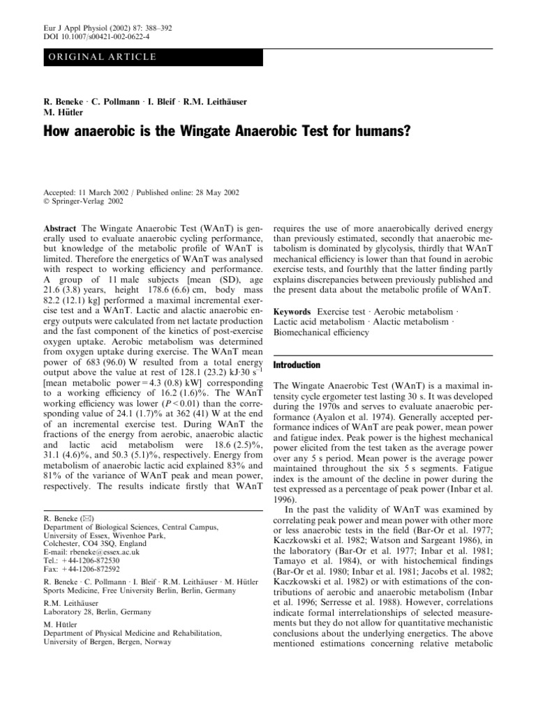 Wingate Anaerobic Test Metabolic Analysis | PDF | Lactic Acid ...