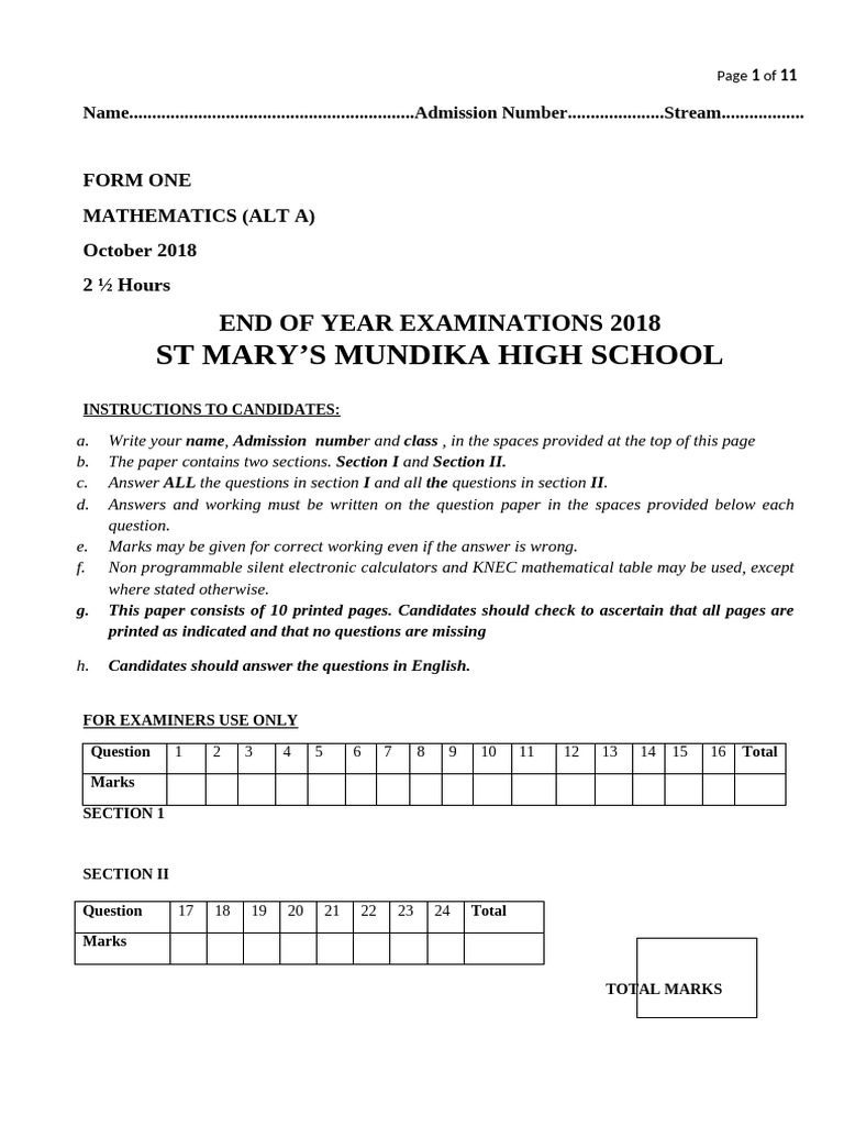 Form One Mathematics Exam Paper 2018 | PDF | Circle | Mathematics