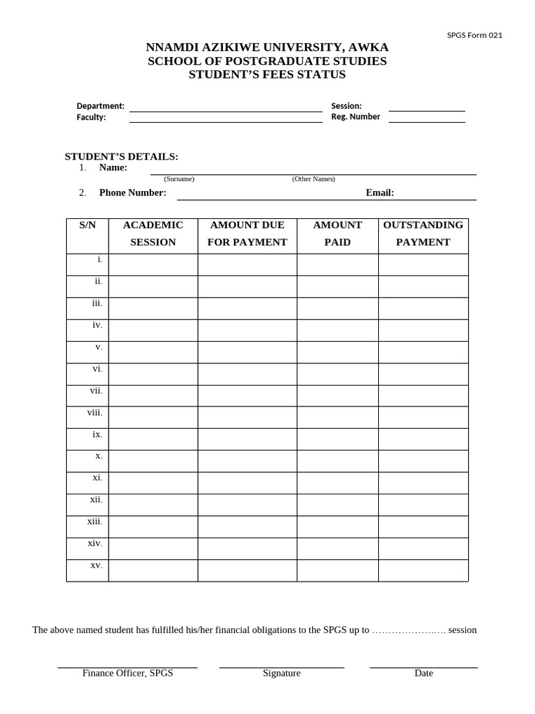 021 Students Fees Status Form | PDF