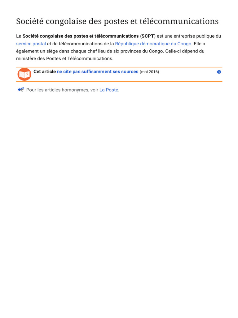 SCPT : Télécommunications en RDC | PDF | République démocratique du Congo