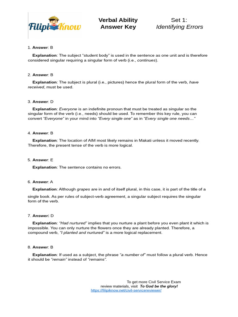 Verbal Ability Answer Key Set 1 1 | PDF | Grammatical Number | Verb