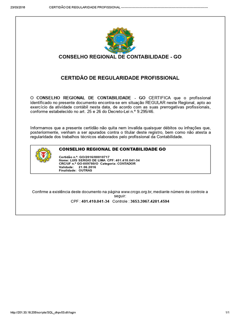 Certidão de Regularidade Profissional CRC | PDF