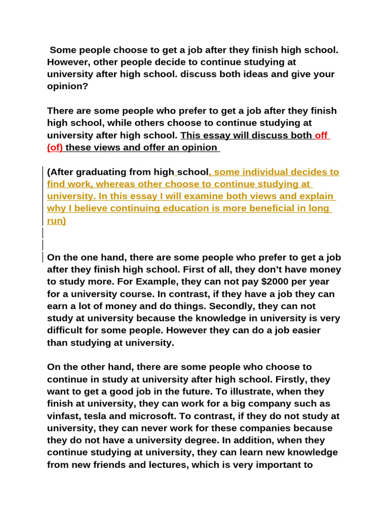 High School: Job vs. University Choices | PDF