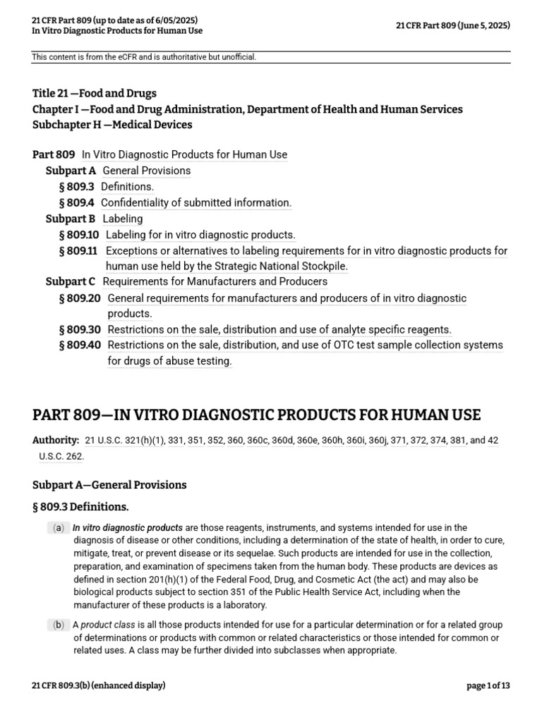21 CFR Part 809 (Up To Date As of 6-05-2025) | PDF | Sensitivity And ...