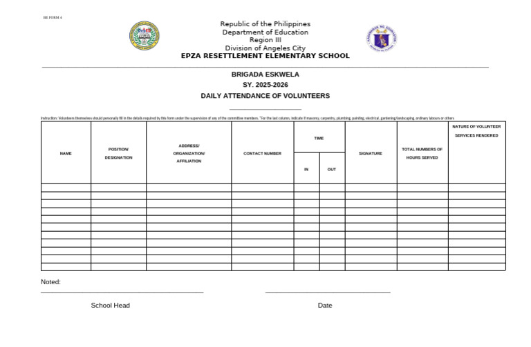 BRIGADA ESKWELA FORM 4 DAILY ATTENDANCE OF VOLUNTEER F 1 | PDF