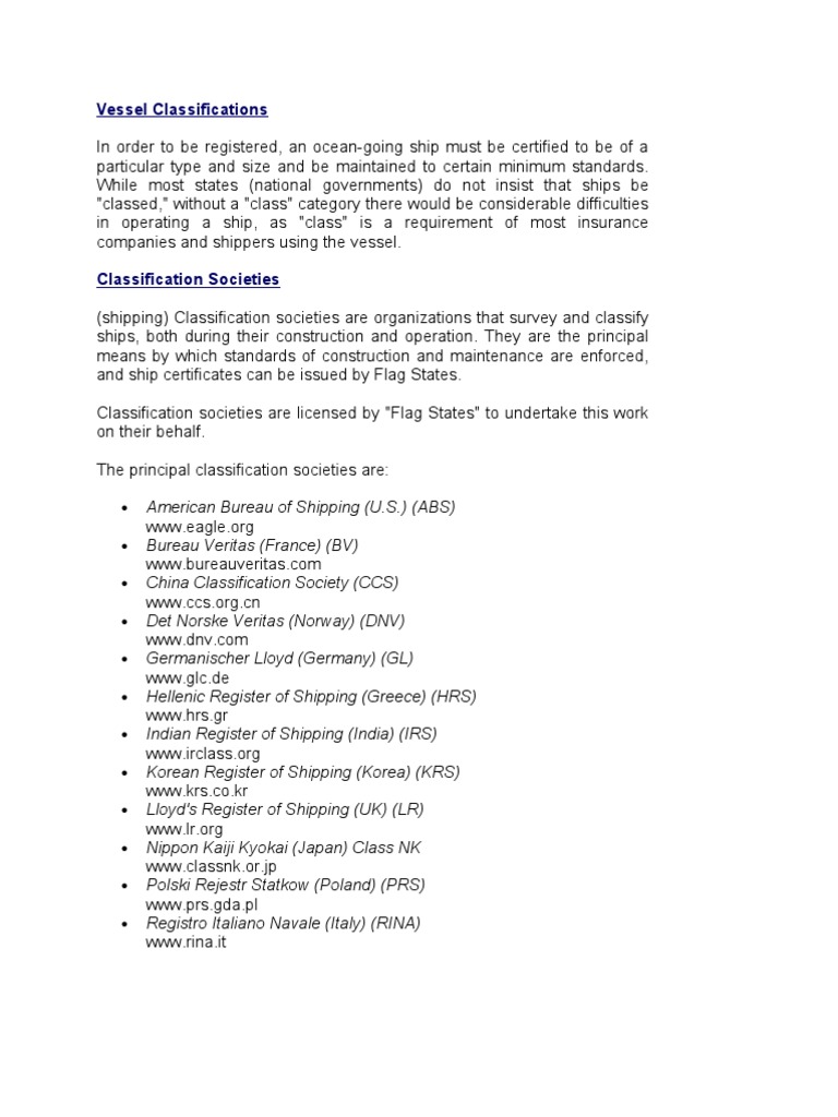 Overview of Vessel Classifications | PDF | Business | Home & Garden