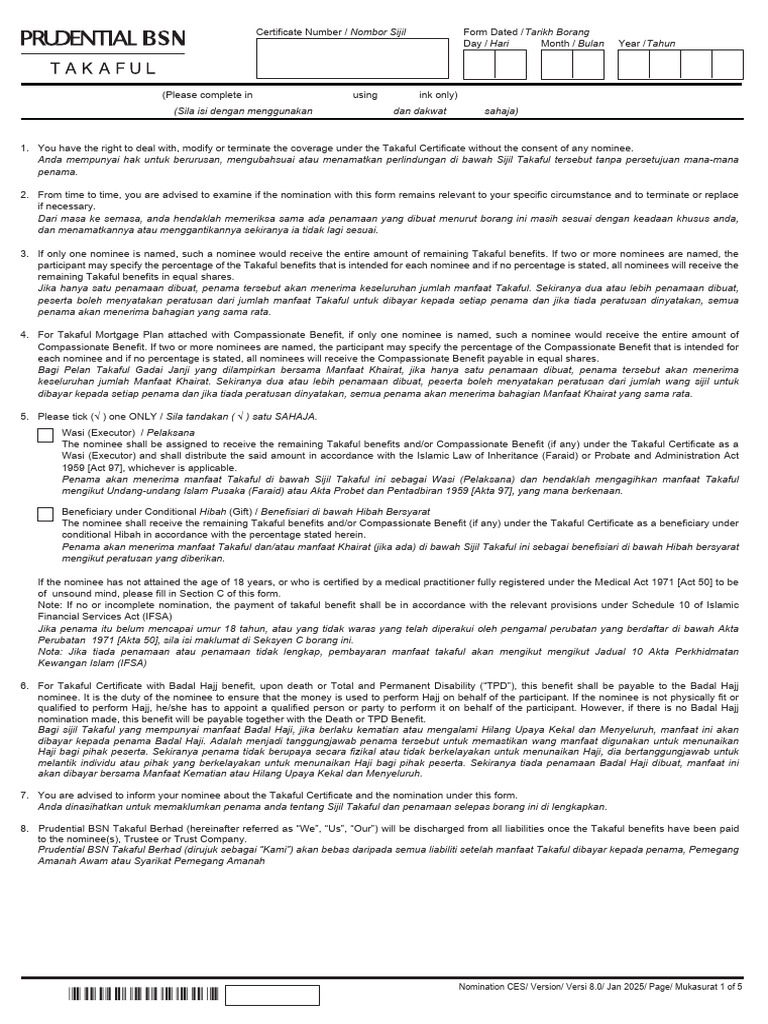 Borang Penamaan Takaful Prudential | PDF